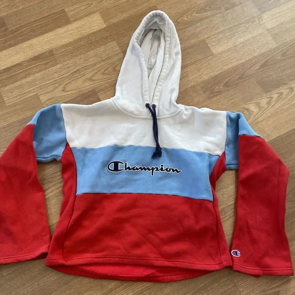 Vintage Y2K Champion Reverse Weave Color Block Cropped Hoodie Sweatshirt Size M - Picture 3 of 12